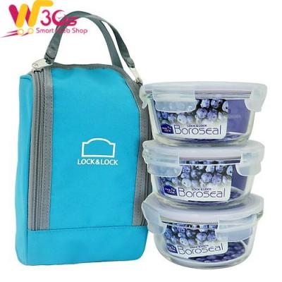 Bộ Túi Hộp Cơm Thủy Tinh Chịu Nhiệt 4EA Lock&Lock LLG821BS3 (380ml / Hộp) - Xanh Dương