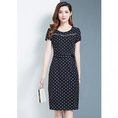 Đầm ôm công sở kiểu đầm chấm bi đính nơ eo phối ruy băng ROMI3046